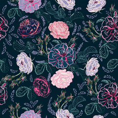 Poster - Beautiful vector fashion pattern with roses in vintage style for textile design