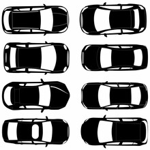 Set Of Different Car Silhouettes Viewed From Above, Logos, Icons