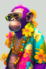 Cool monkey dressed in Hawaiian clothes and sunglasses, nft style, Created with generative AI