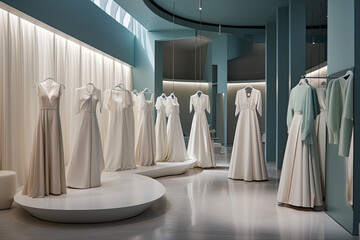 Interior of a fashion store with wedding dresses, created with Generative AI