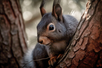 Wall Mural - Douglas squirrel in tree. Generative AI illustration