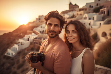 Romantic Santorini sunset, happy couple enjoying vacation, ai generative