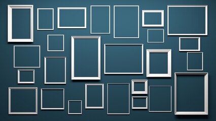 Wall Mural - White frames on a blue background. Frames of different sizes on the wall. 3d render illustration mock up.