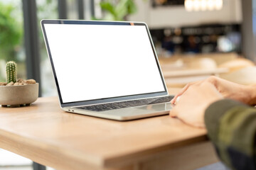 computer screen blank mockup.hand woman work using laptop with white background for advertising,contact business search information on desk at coffee shop.marketing and creative design