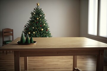 Sticker - cozy Christmas tree on a rustic wooden table. Generative AI