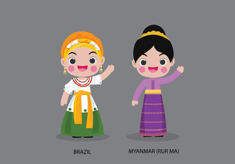 Wall Mural - Brazil peopel in national dress. Set of Myanmar man dressed in national clothes. Vector flat illustration.