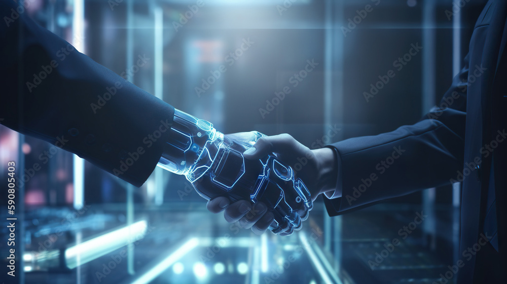 Shaking hands with the future: human and AI collaboration. Man and robot on background of huge data center. Based on Generative AI