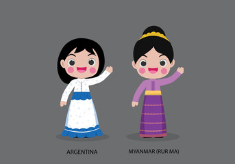 Wall Mural - Argentina peopel in national dress. Set of Myanmar man dressed in national clothes. Vector flat illustration.