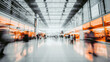 © SERGEI - Modern business center with blurry movements of people. Fashionable glass light hall with walking business people, abstract image. Generative AI. High quality illustration