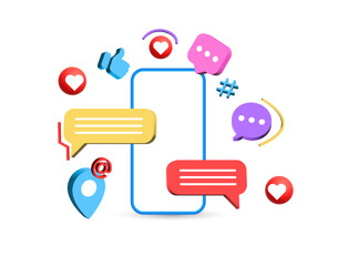 social media communication concept background with smartphone mobile mockup. 3d speech bubble chat message icon , notification icons : thumb up like icon, social network template. vector illustration