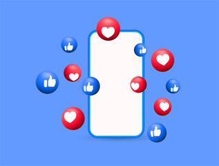 Wall Mural - social media post template. notification icons : thumb up icon, heart like icon button. social network background with smartphone - isolated mobile phone mockup. digital marketing vector illustration