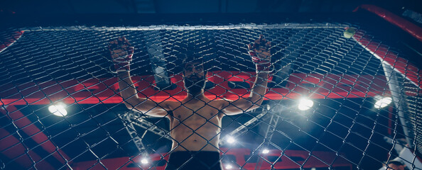 Wall Mural - Portrait man MMA fighter on octagon ring. Fighting Championship banner, dark background