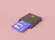 Smart card reader with Id card on pink background. Chip card reader, identity verification, Secure transaction, person data. 3d icon rendering illustration. cartoon minimal style