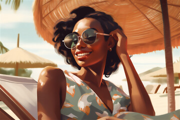 This portrait of young African American woman summer vacation. wooden deck chair on a tropical beach, sunglasses. generative ai