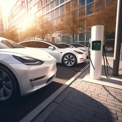 Poster - EV car with pump plug in charging power to electric vehicle EV car on virtual modern technology UI, generative AI 