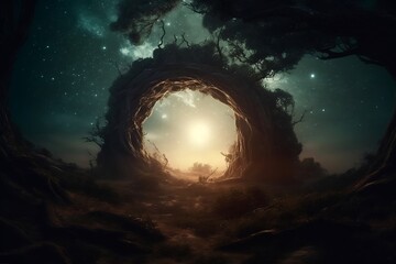 Wall Mural - dark ancient glowing portal inside the forest made from entire universe nature with nebula. generati