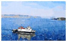Ferry Ship Arriving At Scottish Town Of Wemyss Bay, A Digital Filter Applied To Photo, Original Photo And Copyright Owned By The Uploader.