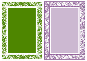 Set of rectangular frame with patterns of vine, ripe grape and leaves. Seamless pattern, isolated and ornament on colored background. A4 aspect ratio. Vector illustration