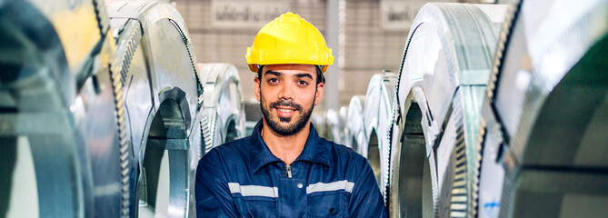 Professional machanic engineer technician industrial man wearing safety uniform working with metal sheet in manufacturing  factory production line.business technology