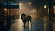 A image of a lion walking down a foggy street at night 