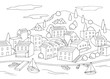 Sea town coloring graphic black white bay landscape sketch illustration vector