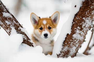 Poster - cute dog sitting in a snowy landscape. Generative AI