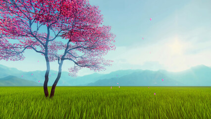 Spring landscape with single lush blooming pink sakura cherry tree in full blossom on fresh green grass field at springtime. With no people decorative 3D illustration from my 3D rendering.