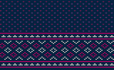 Wall Mural - Crochet pattern, Vector cross stitch tribal background, Knitted ethnic classic ornament style, Pink on darkblue pattern jacquard retro, Design for textile, fabric, curtain, kaftan, graphic