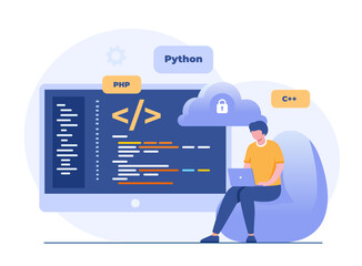 Wall Mural - software development. web programming languages. css, html, it, ui. programmer cartoon character dev