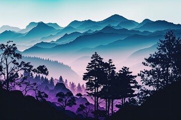 Sticker - scenic landscape with mountains and trees in the foreground. Generative AI