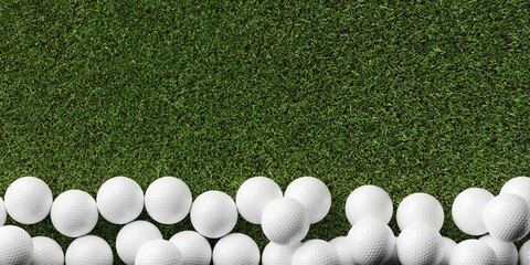 Poster - White golf ball border on the bottom of the frame over green grass background with copy space top view from above