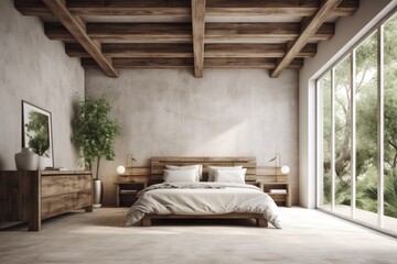 Wall Mural - Limewash Plaster Wall Interior of Modern Primary Bedroom Interior with Wood Beams and Wood Console Made with Generative AI