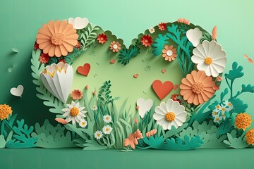 Wall Mural - Heart shape floral decoration with flowers and leafs, love symbol decorative flowers on green background