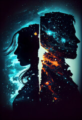 silhouette of couple with night scene milky way background in the galaxy. man and woman silhouette abstract. inner psychological concept.