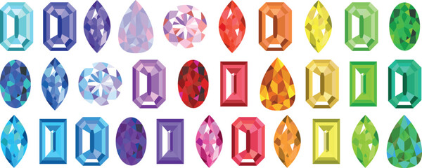 set of gemstones with bright highlights in different rainbow colors isolated on white background