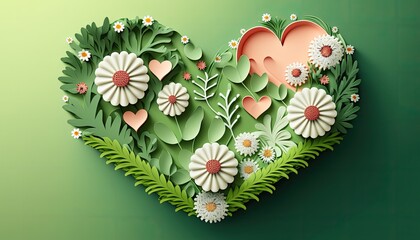 Wall Mural - Heart shape floral decoration with flowers and leafs, love symbol decorative flowers on green background