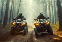 Two Atv Riders Speed Race In Forest Front View - Generative AI