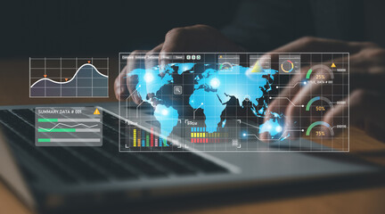 Wall Mural - young entrepreneur using big data analysis and cloud technology to collect customer data and display
