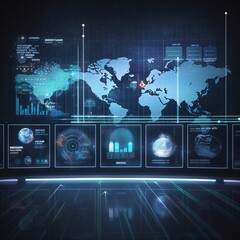 Wall Mural - world map on screen, Analyzing the impact of big data on economic growth digital marketing and financial technology dashboard. generative ai