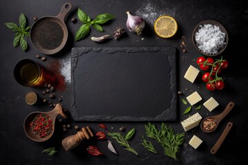 Poster - black slate board with an assortment of aromatic herbs and spices. Generative AI