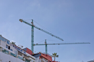 Two cranes tower above the roofs of a group of houses.