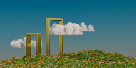 a green hill with two yellow frames and a cloud in the sky above it, and a green hill with flowers and grass, 3D render, surrealism