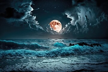 Wall Mural - serene night scene with a full moon reflecting on a calm body of water. Generative AI