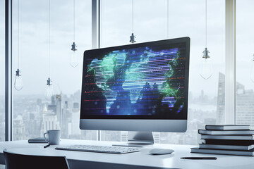 Wall Mural - modern computer display with abstract graphic world map, big data and networking concept. 3d renderi