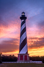 Cape Hatteras Lighthouse, Located In Buxton, NC In The Outer Banks At Sunset
