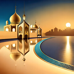 Islamic greetings ramadan kareem card design background with beautiful gold