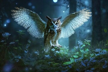 Poster - an owl perched on a tree branch in a forest at night. Generative AI