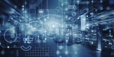 Industrial technology concept with a communication network connecting various devices. Data is being transferred and analyzed in real time. generative ai