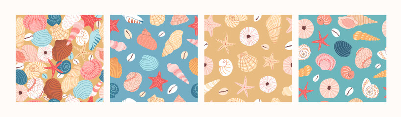 Set of seamless vector hand draw pattern with colorful seashells and starfishes. Various seashells on a tropical beach. Summer marine animal background design. Vacation travel concept. 
