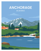 Alaska Travel Poster With Mountains. Travel To United States Of America. Vector Illustration With Colored Style For Poster, Greeting Card, Postcard.